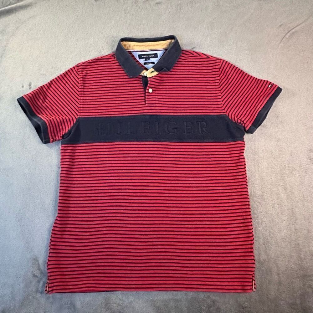 Tommy Hilfiger Big Spellout Polo Rugby Polo Shirt Mens XL Red Blue Slim Fit 4th
